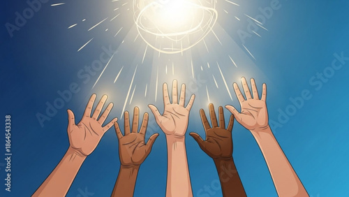 Diverse group of people reaching up to a glowing light, symbolizing unity, hope and spiritual connection in a vibrant illustration with spirituality