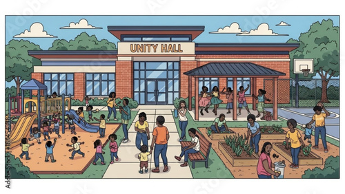 Diverse group of children playing outside unity hall school building with playground and basketball court on a sunny day with education and community