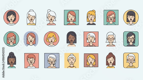 Diverse Collection of Cartoon Womens Faces with Varied Hairstyles and Expressions.