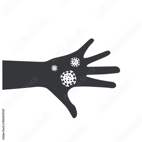 Isolated pictogram of dirty hand covered with microbes, germs, viruses, symbolizing hygiene awareness, health design, and handwashing reminder before eating.