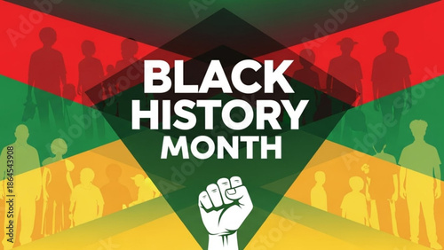 Black history month celebration with raised fist and silhouettes on colorful background with empowerment and equality and diversity and social justice