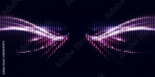 Abstract futuristic background with symmetrical halftone dot waves in pink, purple, and blue tones on a dark background. The mirrored glowing curves create a sense of balance,