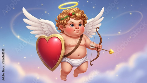 Cute cupid with bow and arrow holding a heart shield flying in the sky symbol of love and romance