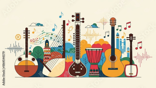 Collection of diverse musical instruments representing global music and culture ideal for sound desi