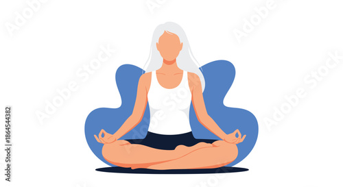 Faceless illustration of a woman with long white hair sitting in the lotus yoga pose for meditation and mindfulness.