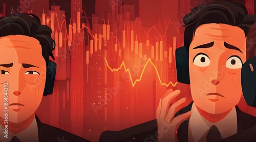 A worried-looking businessman in a suit listens intently through large headphones, set against a backdrop of declining stock market charts
