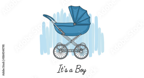 Sweet baby shower announcement card for a newborn boy, featuring a classic blue baby carriage and the text 'It's a Boy'.