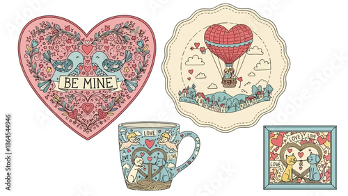 バレンタインデーをテーマにした、鳥、熱気球、マグカップ、動物のイラストが描かれた、パステルカラーのロマンチックなデザインコレクション。.