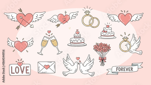 A charming collection of hand-drawn wedding and love-themed icons, including hearts, rings, cakes, doves, and champagne flutes, on a soft pink background.