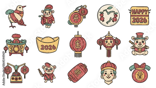 A collection of festive Chinese New Year icons featuring traditional lanterns, gold ingots, firecrackers, and cartoon mice for the year 2026 celebration.