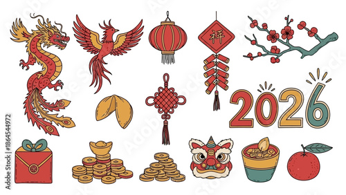 中国の旧正月を祝うための伝統的なシンボルと縁起物のカラフルなイラストセット.