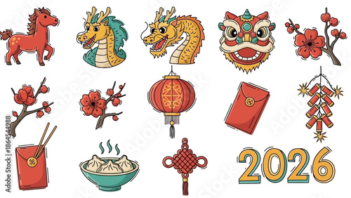 A vibrant collection of Chinese New Year symbols including zodiac animals, lanterns, red envelopes, and traditional decorations for 2026.