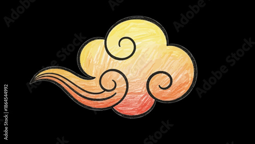黒い背景に描かれた、黄色とオレンジ色のグラデーションが美しい伝統的な雲のイラスト.