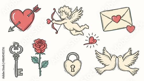 A collection of romantic symbols including a heart pierced by an arrow, a cupid, a love letter, a rose, a key, a padlock, and two doves.