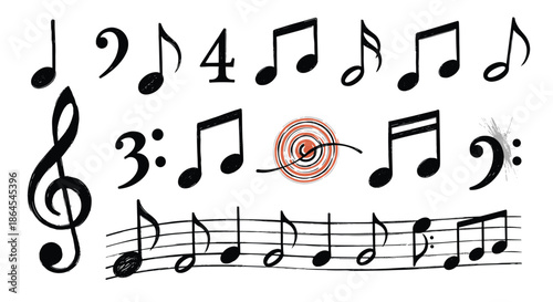 Collection of various hand-drawn musical notes and symbols, including a treble clef and staff, in a sketchy, textured black ink style.