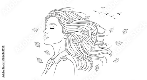 Elegant line art drawing of a beautiful woman with her eyes closed and hair flowing in the wind, surrounded by falling autumn leaves.