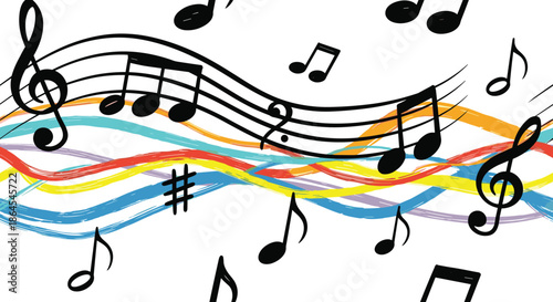 Vibrant and flowing musical design featuring black musical notes and staves on a background of colorful, wavy brush stroke lines.