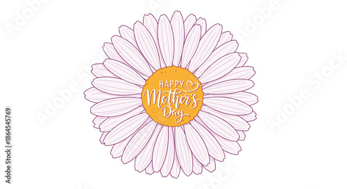 Happy Mother's Day greeting with delicate calligraphy in the center of a large, beautifully detailed and stylized daisy illustration.