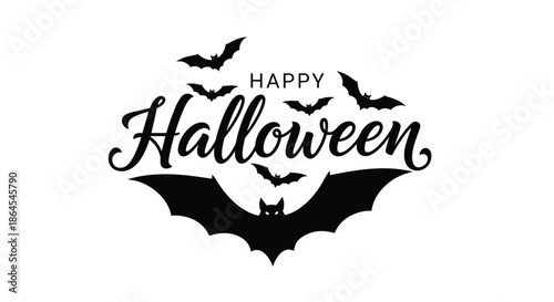 Spooky 'Happy Halloween' calligraphic lettering with silhouettes of flying bats and a large bat with glowing eyes underneath.
