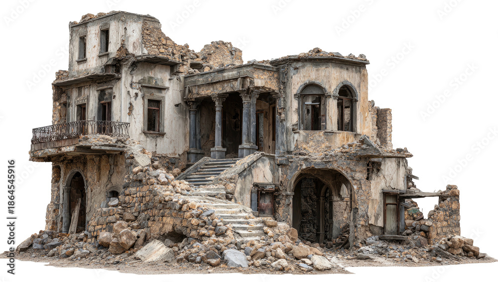 Fototapeta premium Ruined, aged building. Partial collapse, stairs, arched entry