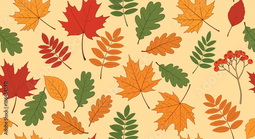 Seamless autumn pattern with a variety of colorful leaves, including maple and oak, and rowan berries on a light background.
