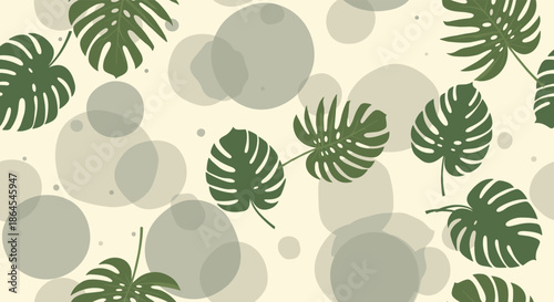 Minimalist seamless pattern of green monstera leaves scattered over a pale background with transparent, overlapping gray circles.