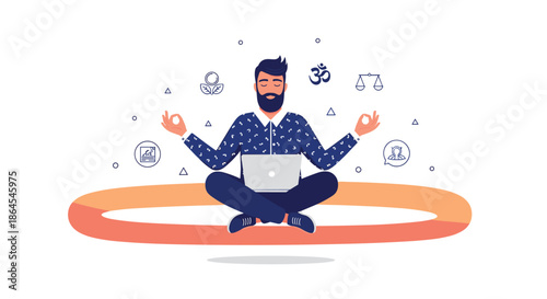 Modern illustration of a bearded man meditating in a lotus pose with a laptop, balancing work and wellness with spiritual symbols.