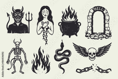 Vintage Occult Symbols Set: Devil, Hell Gate, Skeleton, Skull, Snake, and Fire Illustrations.