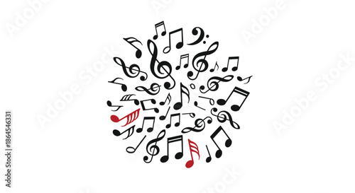 Circular arrangement of various black and red musical notes and symbols, including treble clefs, forming a dynamic musical sphere.