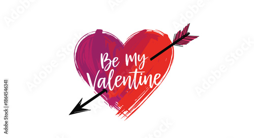 "Be My Valentine" calligraphy on a vibrant, painted red and purple heart pierced by a cupid's arrow on a white background.