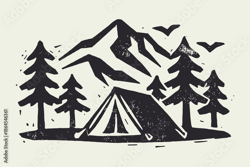 Retro Woodcut Camping Design: Tent, Pine Trees, and Rugged Mountain Peaks.