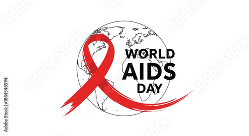 Global World AIDS Day concept featuring a large red brush stroke ribbon wrapped around a simple line art drawing of the Earth.