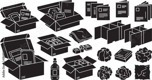 Black and white illustration of various cardboard boxes and items