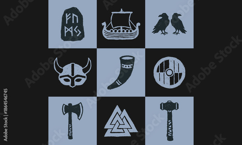 Vector Set of 9 Hand-Drawn Viking and Norse Mythology Icons