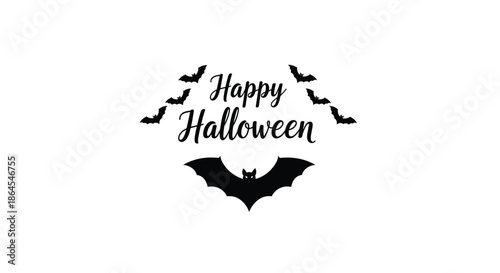 Minimalist "Happy Halloween" greeting in a spooky script font, surrounded by flying bat silhouettes on a white background.