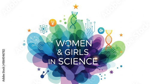 Vibrant colorful illustration celebrating women and girls in science with dna, atom, circuit board, and star symbols with women in science and female empowerment