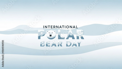 International polar bear day awareness campaign logo with snowy landscape and polar bear face in icy blue tones with ice and winter and wildlife