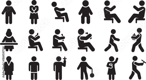Collection of black stick figures in various poses actions