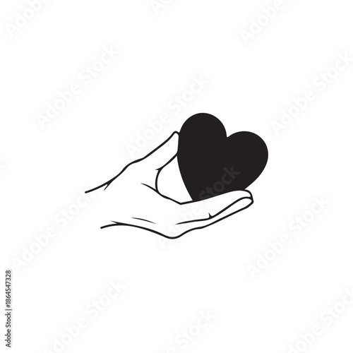 Side View Silhouette of a Human Hand Holding a Solid Black Heart, Concept of Giving, Charity and Romantic Care