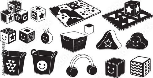 Black and white baby toys and playmat illustration set