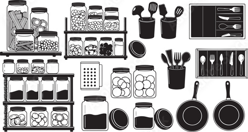 Black and white kitchen utensils and gadgets illustration set
