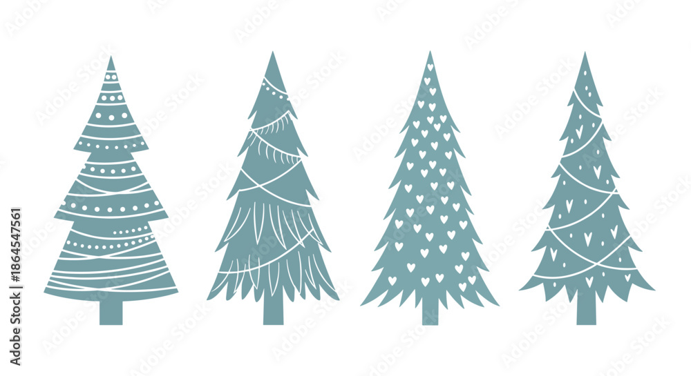 Fototapeta premium A set of four stylized blue christmas trees with various white decorative patterns in a simple scandinavian folk art style.