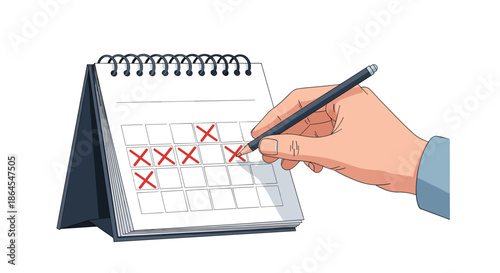 A hand holding a pen and crossing off dates with a red X on a desk calendar to mark a deadline or count down days vector.