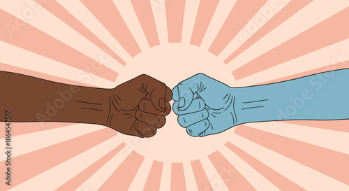 A fist bump between two diverse hands against a sunburst background symbolizing friendship agreement and powerful teamwork.