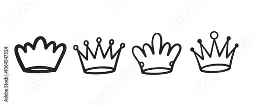 Row of Diverse Hand-Drawn Crown Silhouettes, Simple Sketches of Royal Headwear for Majesty and Excellence