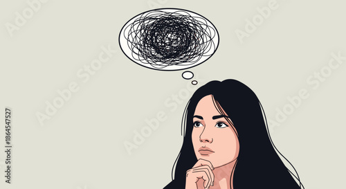 A pensive woman with a tangled scribble in a thought bubble above her head representing confusion anxiety and overthinking.