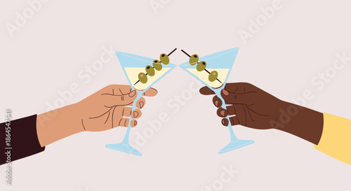 Diverse hands making a toast and clinking two martini glasses with olives in a celebration of friendship and success vector.
