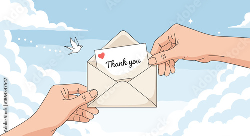 Hands holding an open envelope with a thank you card against a cloudy sky with a dove symbolizing peace and gratitude.