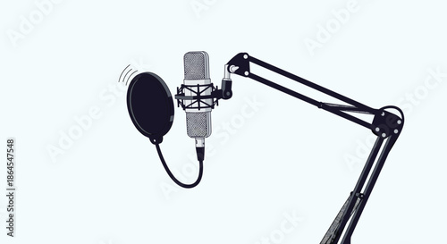 A professional studio condenser microphone with a pop filter on a boom arm stand for podcasting and audio recording vector.