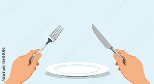 A top-down view of two hands holding a knife and fork over an empty white plate while waiting for a meal to be served.